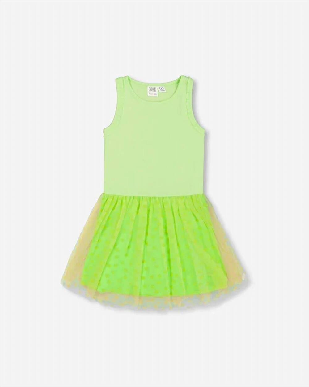 NEW DEUX PAR DEUX girls' shiny ribbed dress with mesh flocking flowers in lime